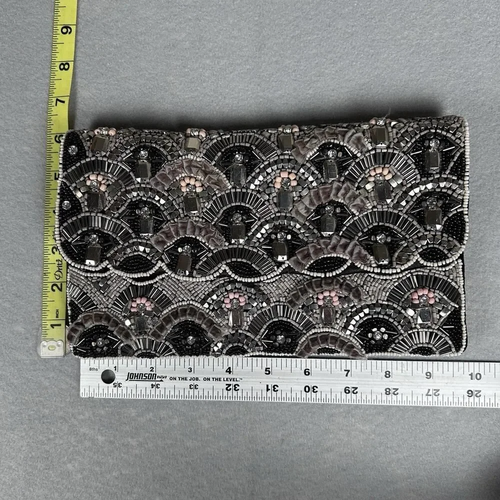 Ornate beaded OKPTA clutch snap closure velvet rhinestones and beads art-to-wear